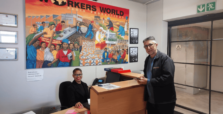 Workers World Media Production staff in the reception of their offices in South Africa.