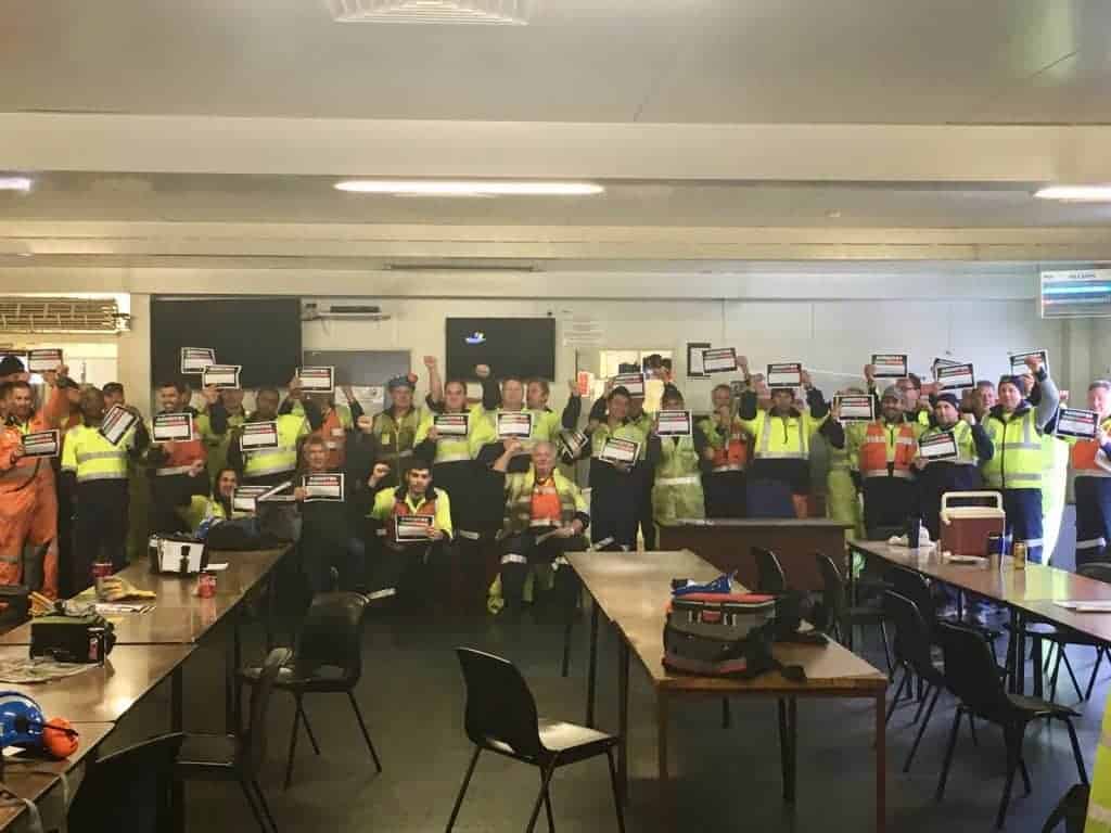 MUA members at Patrick's East Swanston Dock Workers Stand with Rajendra